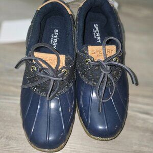 Sperry Navy Leopard Print Duck Booties 7 Wmns